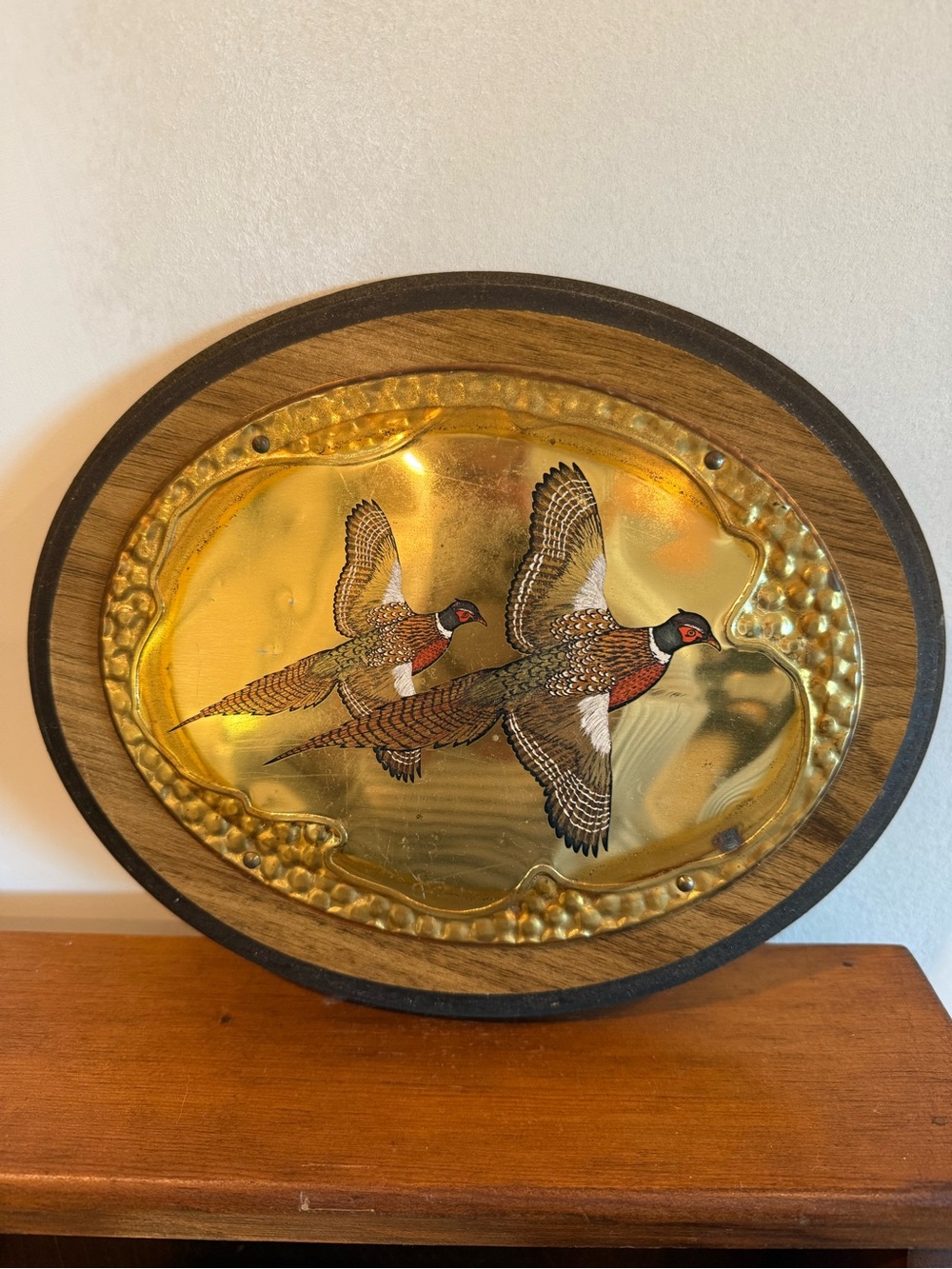 Set of 2 Vintage MCM Wood Hammered Brass Pheasant Wall Plaques 11" 4241